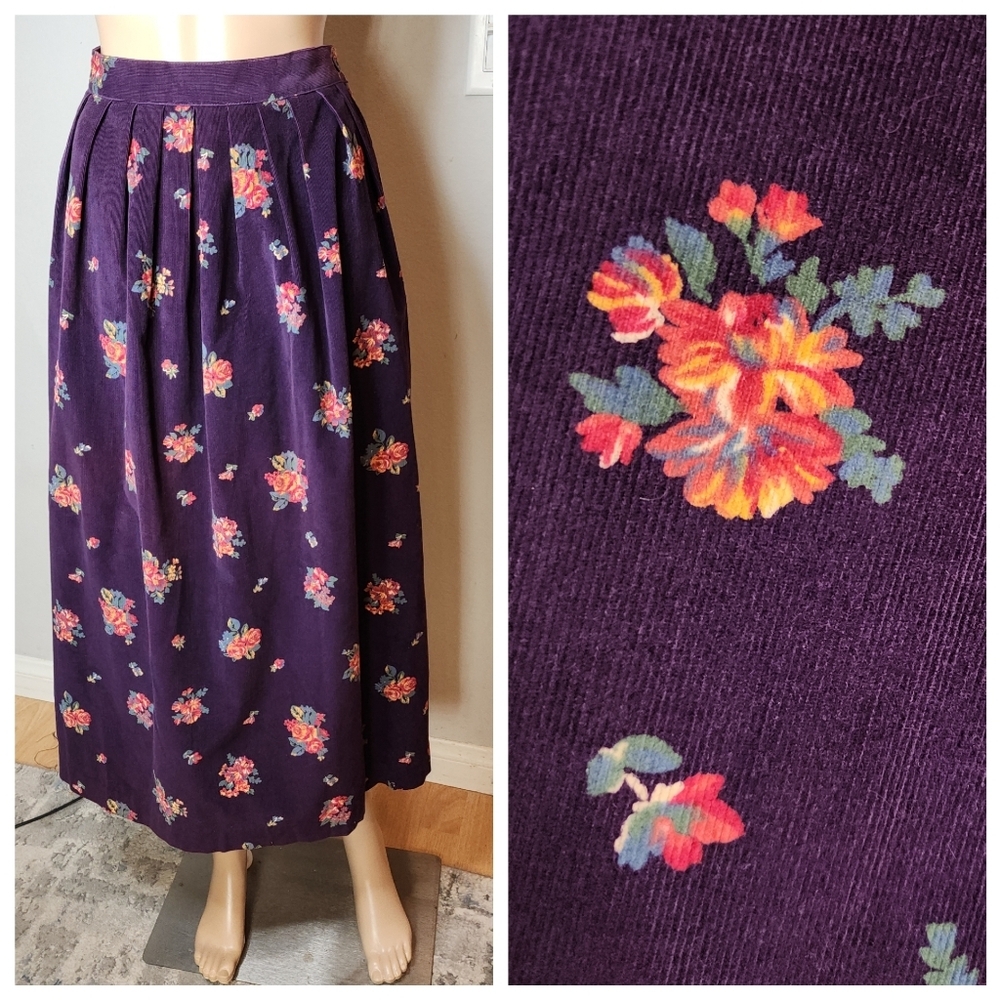 Vintage Charter Club Corduroy Purple Floral Pleated Maxi‎ Skirt Size 14 (Medium)